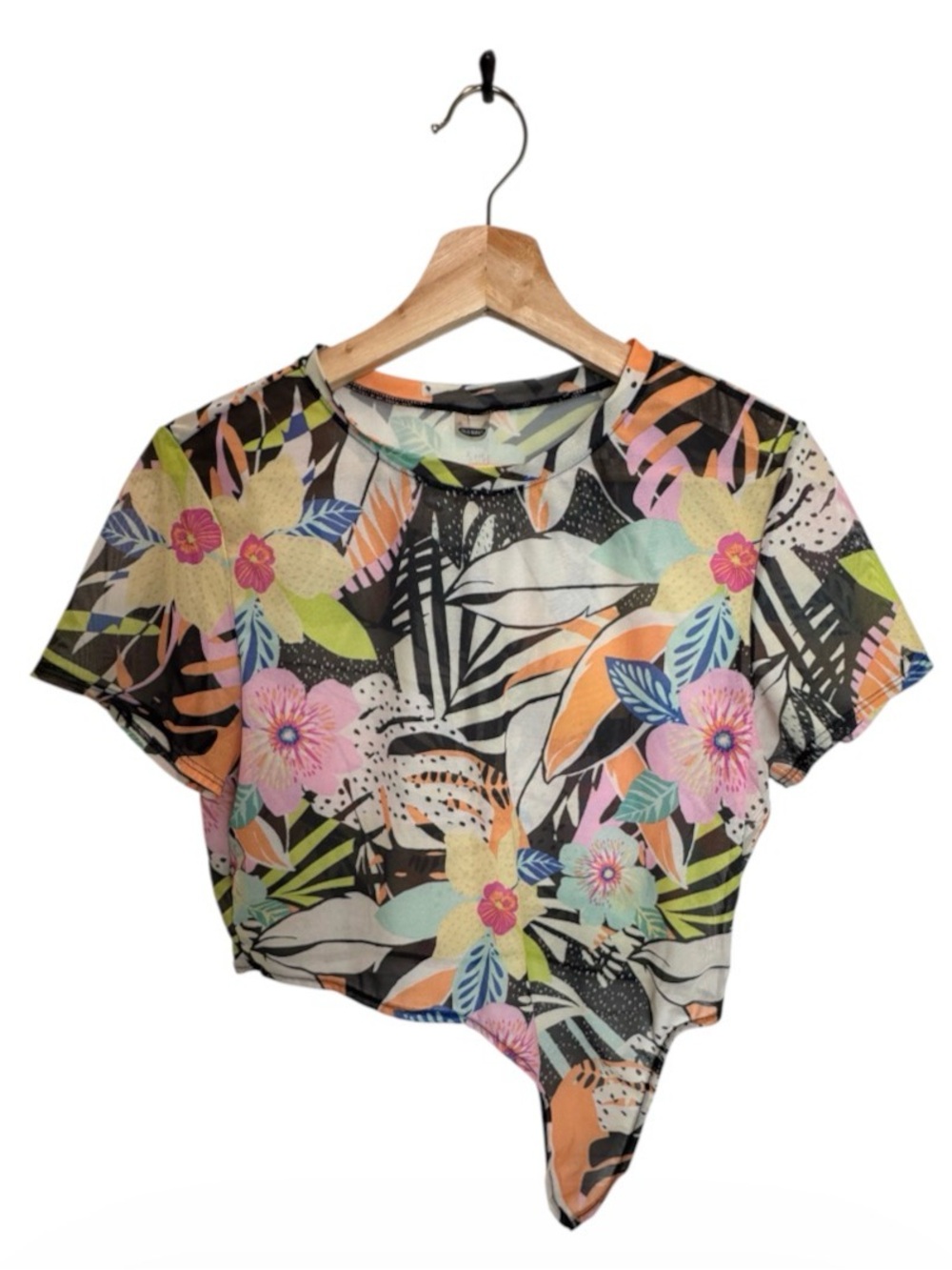 Old Navy Floral Mesh Asymmetrical Hem Top Size M Y2K Tropical Sheer